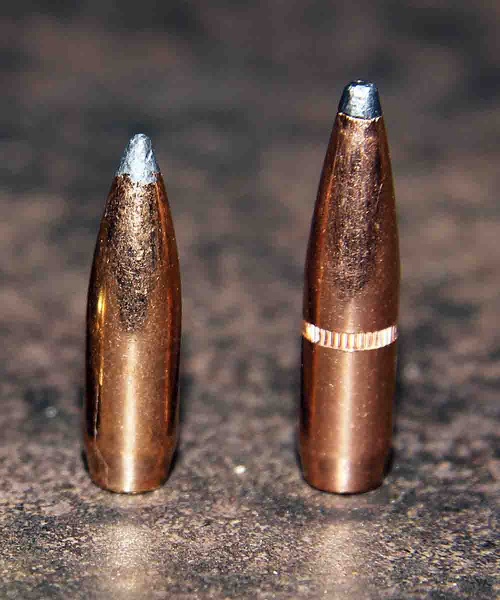 Bullets shot from a .25-06 Remington included a Speer 100-grain boat-tail softpoint, left, and a Hornady 117-grain InterLock boat-tail softpoint. The Speer would prove ideal for deer or pronghorns, the Hornady for larger game.